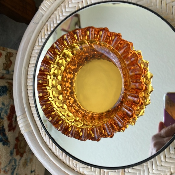 VINTAGE FENTON 5” AMBER ORANGE GLASS HOBNAIL AND RUFFLE TOP ASHTRAY- no decal - Picture 3 of 14